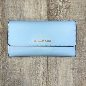 Michael Kors Jet Set Travel, Large Trifold Wallet, Pale Blue w/ Golden Features